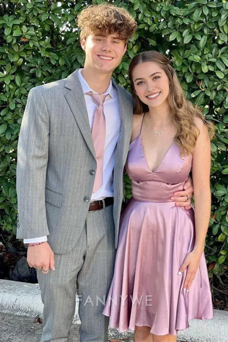 FannyWe Simple A-line Spaghetti Straps V-Neck Sleeveless Short Homecoming Dress formal wear dresses